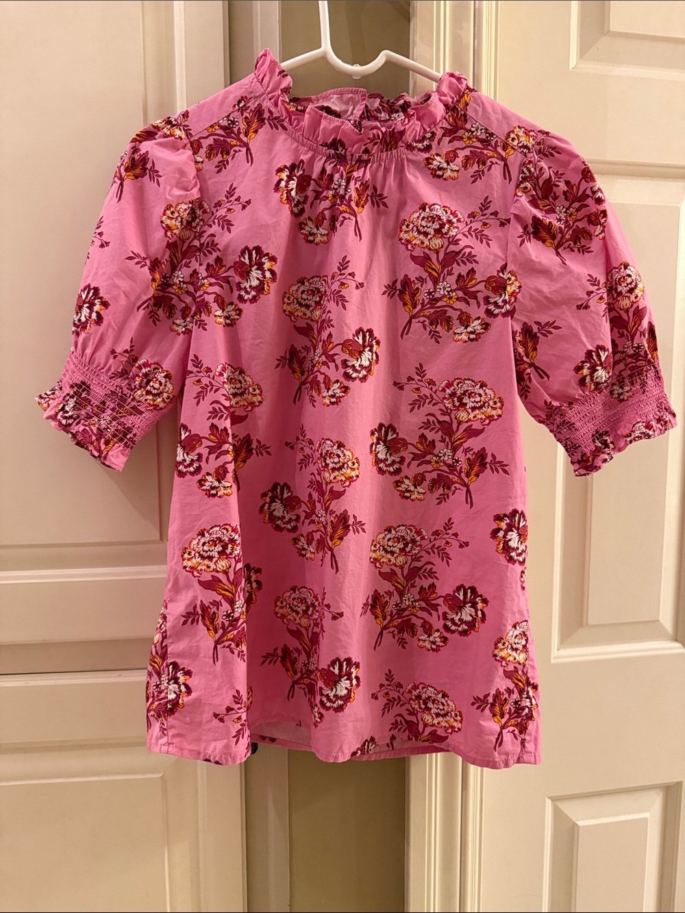 J. Crew Pink Floral Ruffle-Neck Puff Sleeve Top